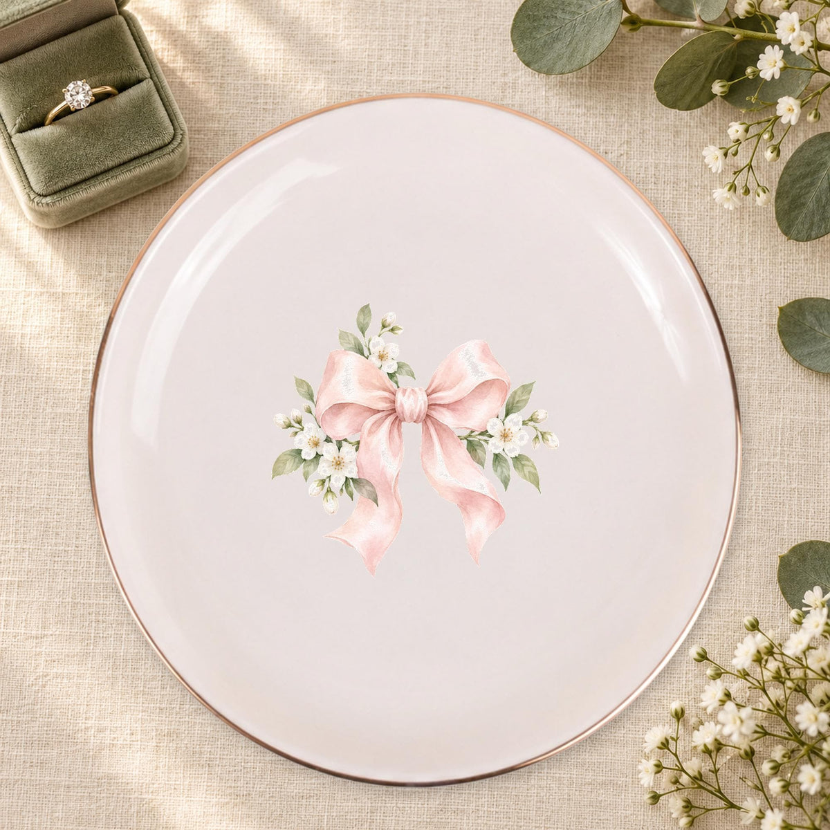 Blush Bridal Bow Ceramic Ring Dish, Gold Rim Trinket Tray, Jewelry Holder Gift, Five Shape Options