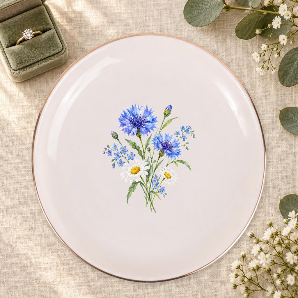 Blue Wildflower Ceramic Ring Dish, Gold Rim Trinket Tray, Jewelry Holder Gift, Five Shape Options