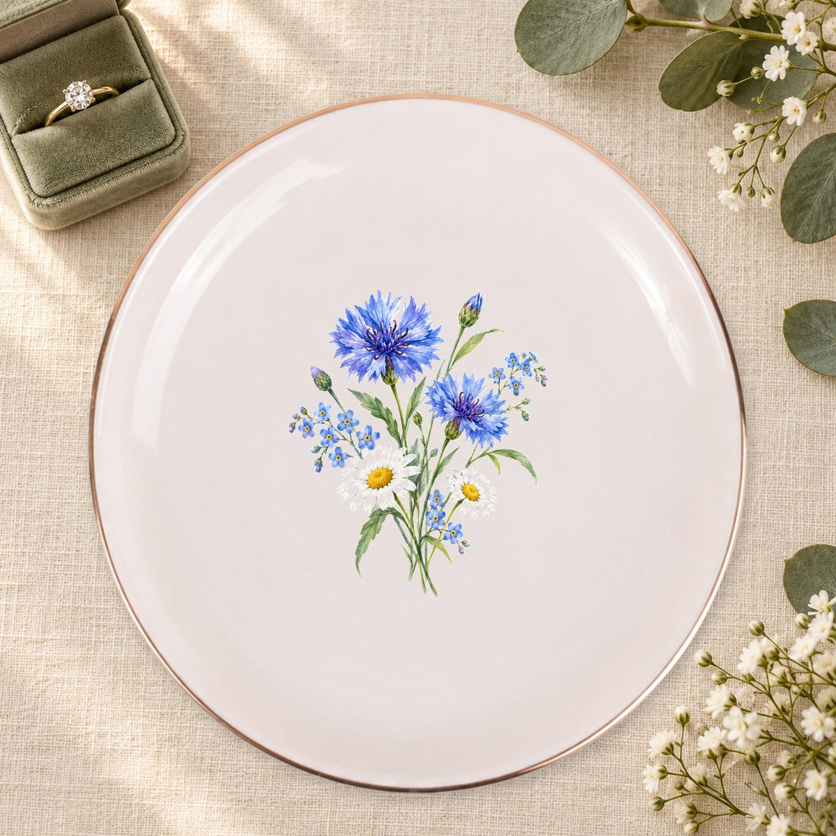 Blue Wildflower Ceramic Ring Dish, Gold Rim Trinket Tray, Jewelry Holder Gift, Five Shape Options