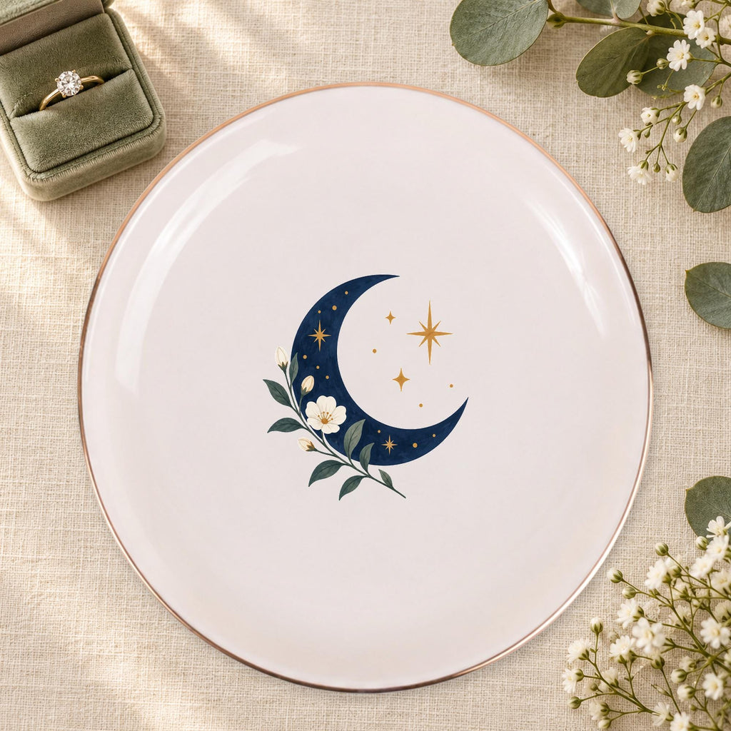 Celestial Moon Ceramic Ring Dish, Gold Rim Trinket Tray, Jewelry Holder Gift, Five Shape Options