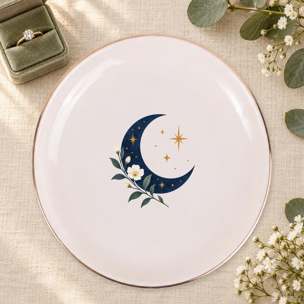 Celestial Moon Ceramic Ring Dish, Gold Rim Trinket Tray, Jewelry Holder Gift, Five Shape Options