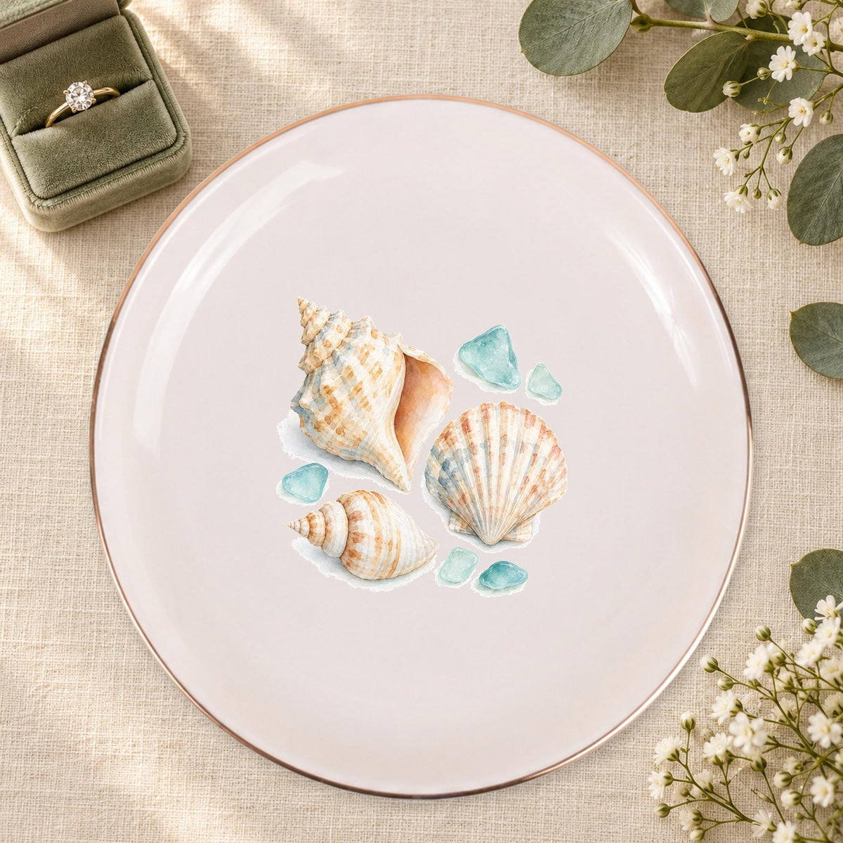 Coastal Shells Ceramic Ring Dish, Gold Rim Trinket Tray, Jewelry Holder Gift, Five Shape Options
