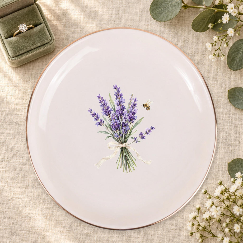 Lavender Garden Ceramic Ring Dish, Gold Rim Trinket Tray, Jewelry Holder Gift, Five Shape Options