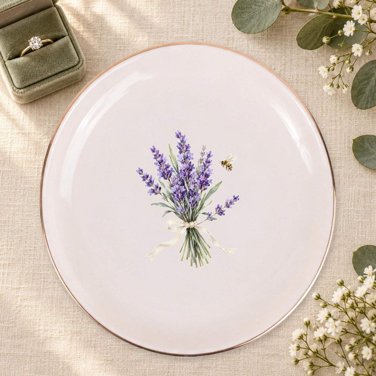 Lavender Garden Ceramic Ring Dish, Gold Rim Trinket Tray, Jewelry Holder Gift, Five Shape Options