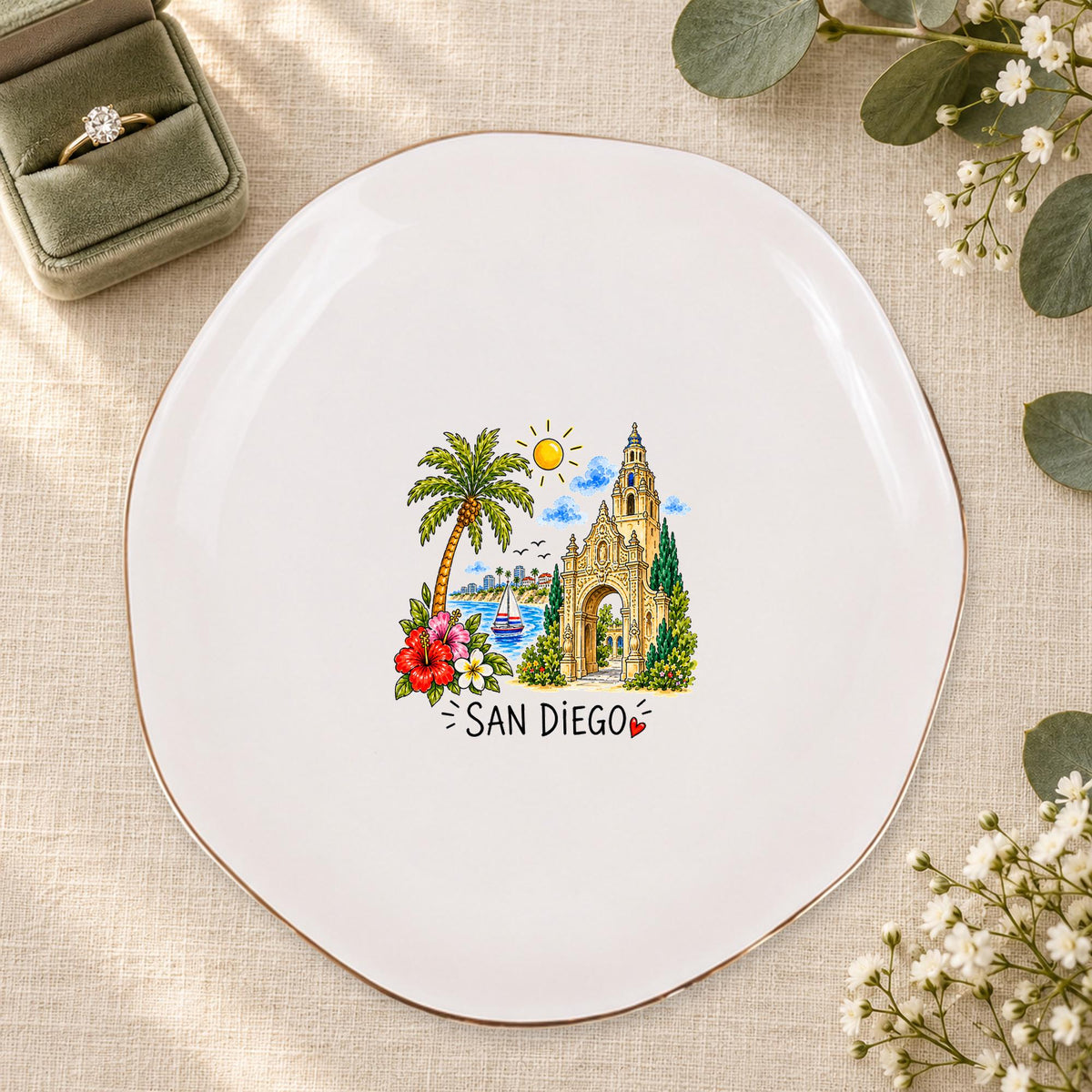 San Diego Ceramic Ring Dish, Gold Rim Trinket Tray, Jewelry Holder Gift, Five Shape Options