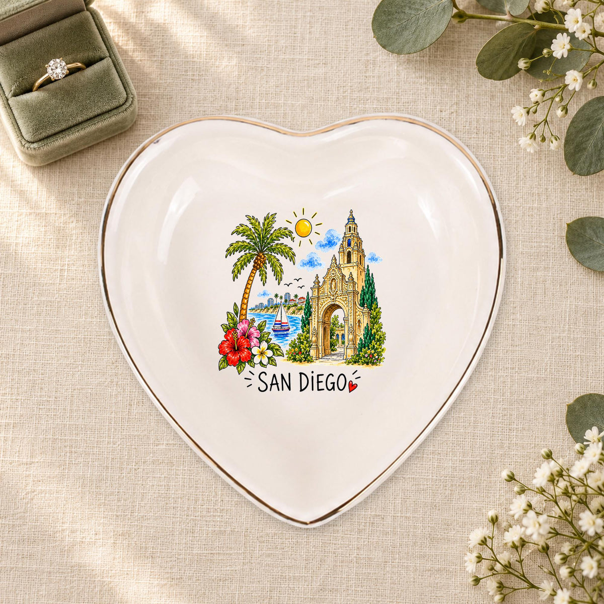 San Diego Ceramic Ring Dish, Gold Rim Trinket Tray, Jewelry Holder Gift, Five Shape Options