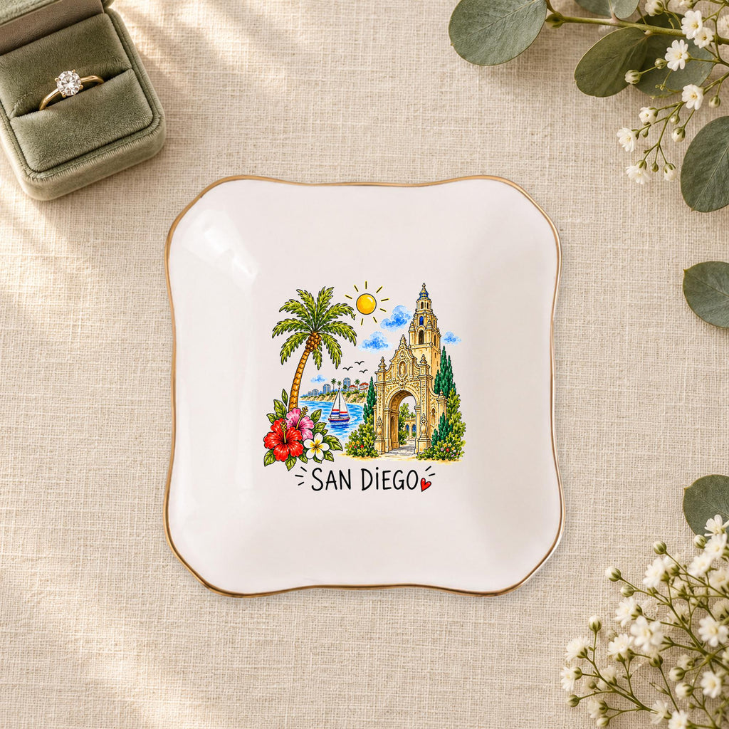 San Diego Ceramic Ring Dish, Gold Rim Trinket Tray, Jewelry Holder Gift, Five Shape Options