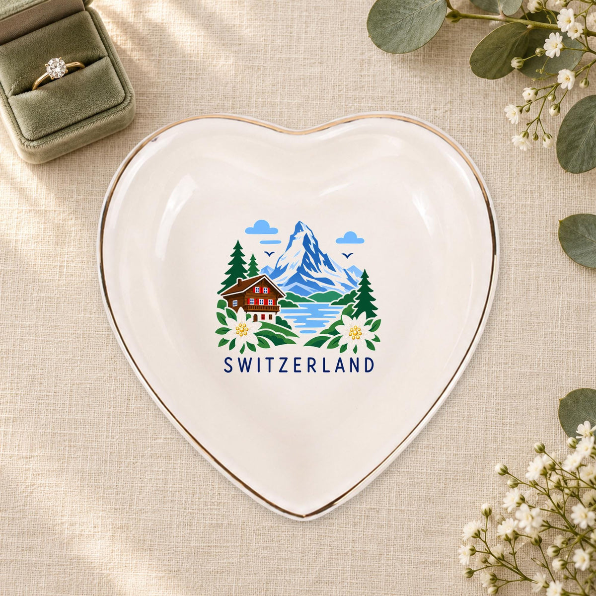 Switzerland Ceramic Ring Dish, Gold Rim Trinket Tray, Jewelry Holder Gift, Five Shape Options