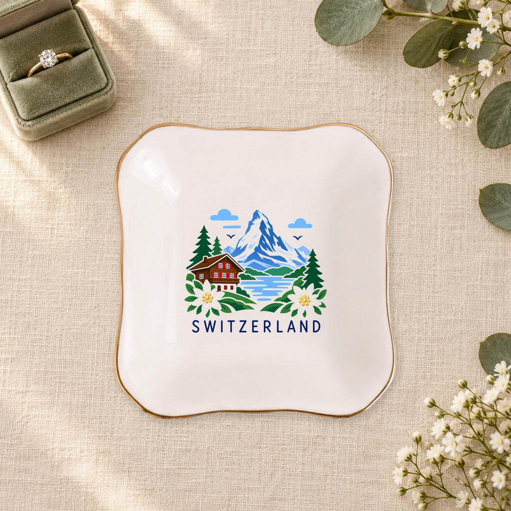 Switzerland Ceramic Ring Dish, Gold Rim Trinket Tray, Jewelry Holder Gift, Five Shape Options