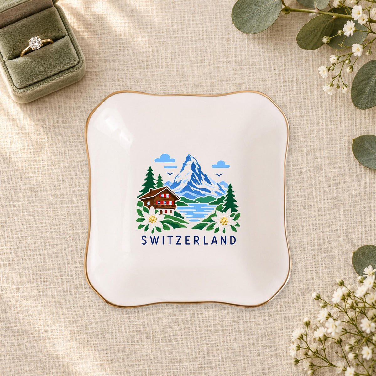 Switzerland Ceramic Ring Dish, Gold Rim Trinket Tray, Jewelry Holder Gift, Five Shape Options