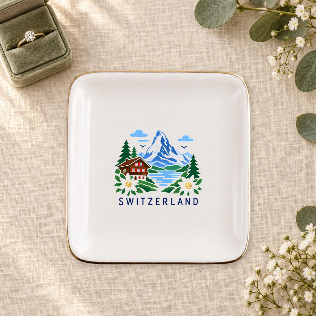 Switzerland Ceramic Ring Dish, Gold Rim Trinket Tray, Jewelry Holder Gift, Five Shape Options