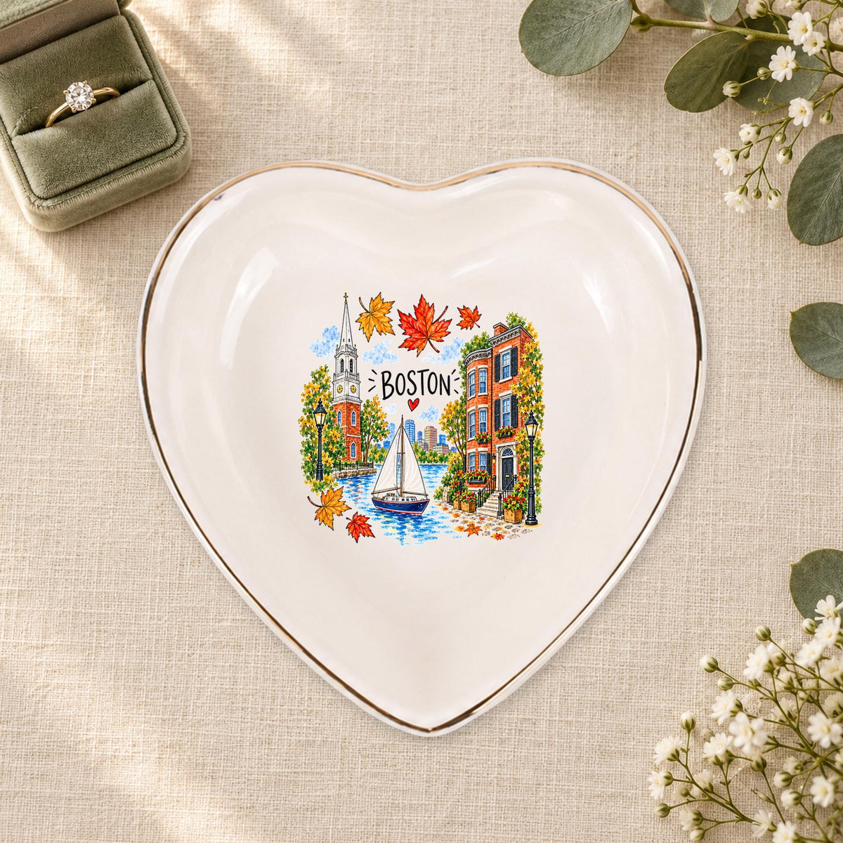 Boston Ceramic Ring Dish, Gold Rim Trinket Tray, Jewelry Holder Gift, Five Shape Options
