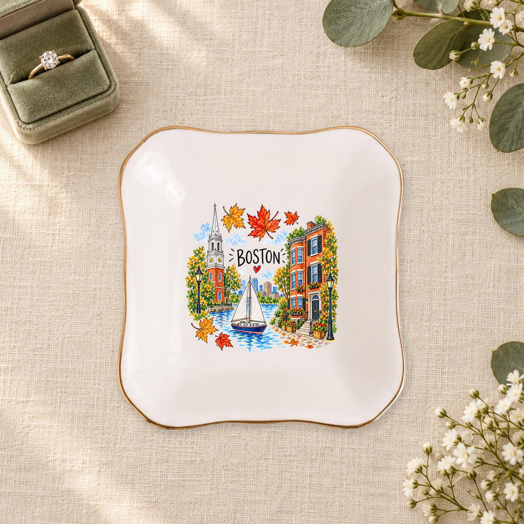 Boston Ceramic Ring Dish, Gold Rim Trinket Tray, Jewelry Holder Gift, Five Shape Options