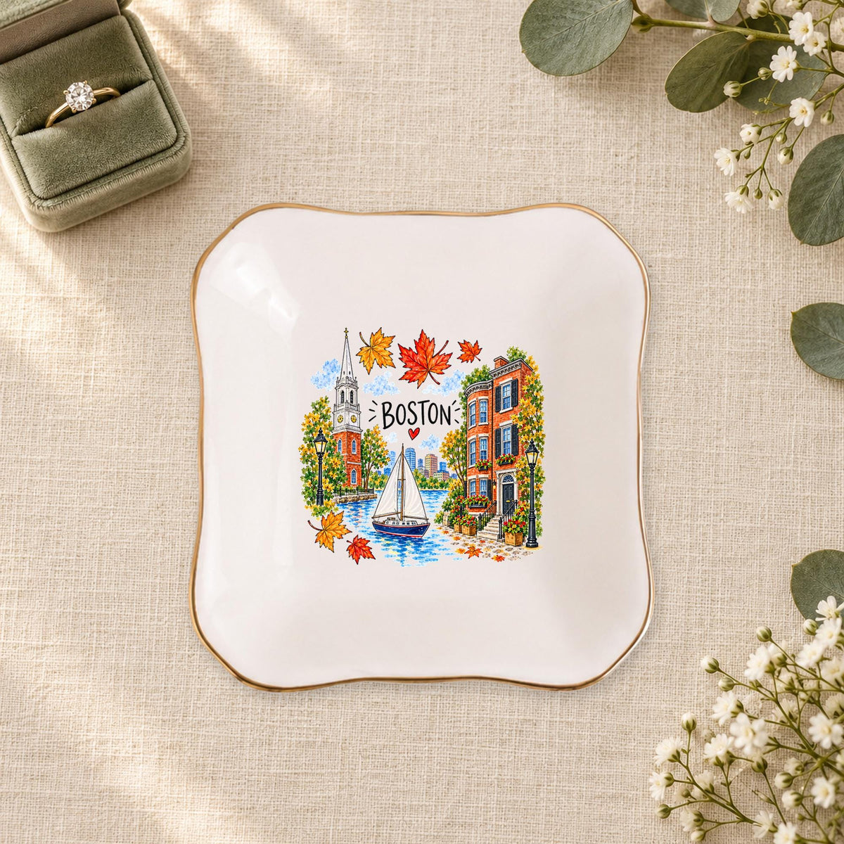 Boston Ceramic Ring Dish, Gold Rim Trinket Tray, Jewelry Holder Gift, Five Shape Options