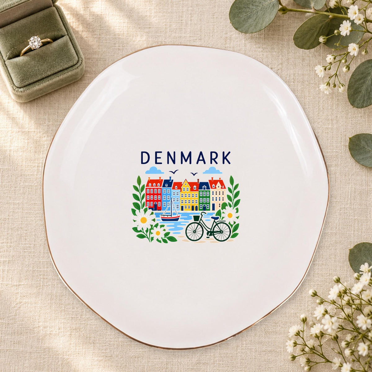 Denmark Ceramic Ring Dish, Gold Rim Trinket Tray, Jewelry Holder Gift, Five Shape Options
