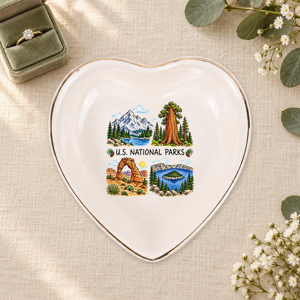 U.S. National Parks Ceramic Ring Dish, Gold Rim Trinket Tray, Jewelry Holder Gift, Five Shape Options