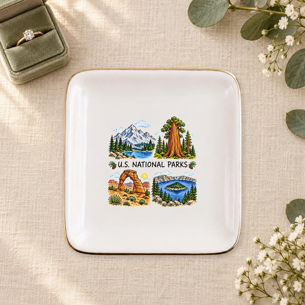 U.S. National Parks Ceramic Ring Dish, Gold Rim Trinket Tray, Jewelry Holder Gift, Five Shape Options