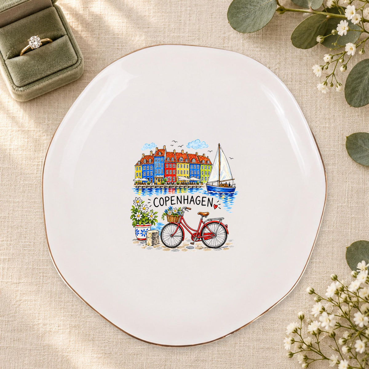 Copenhagen Ceramic Ring Dish, Gold Rim Trinket Tray, Jewelry Holder Gift, Five Shape Options