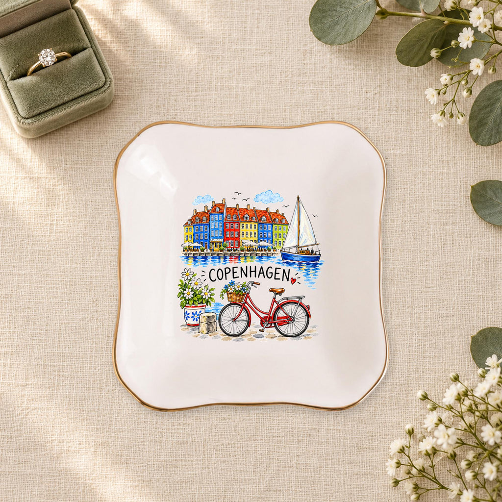 Copenhagen Ceramic Ring Dish, Gold Rim Trinket Tray, Jewelry Holder Gift, Five Shape Options