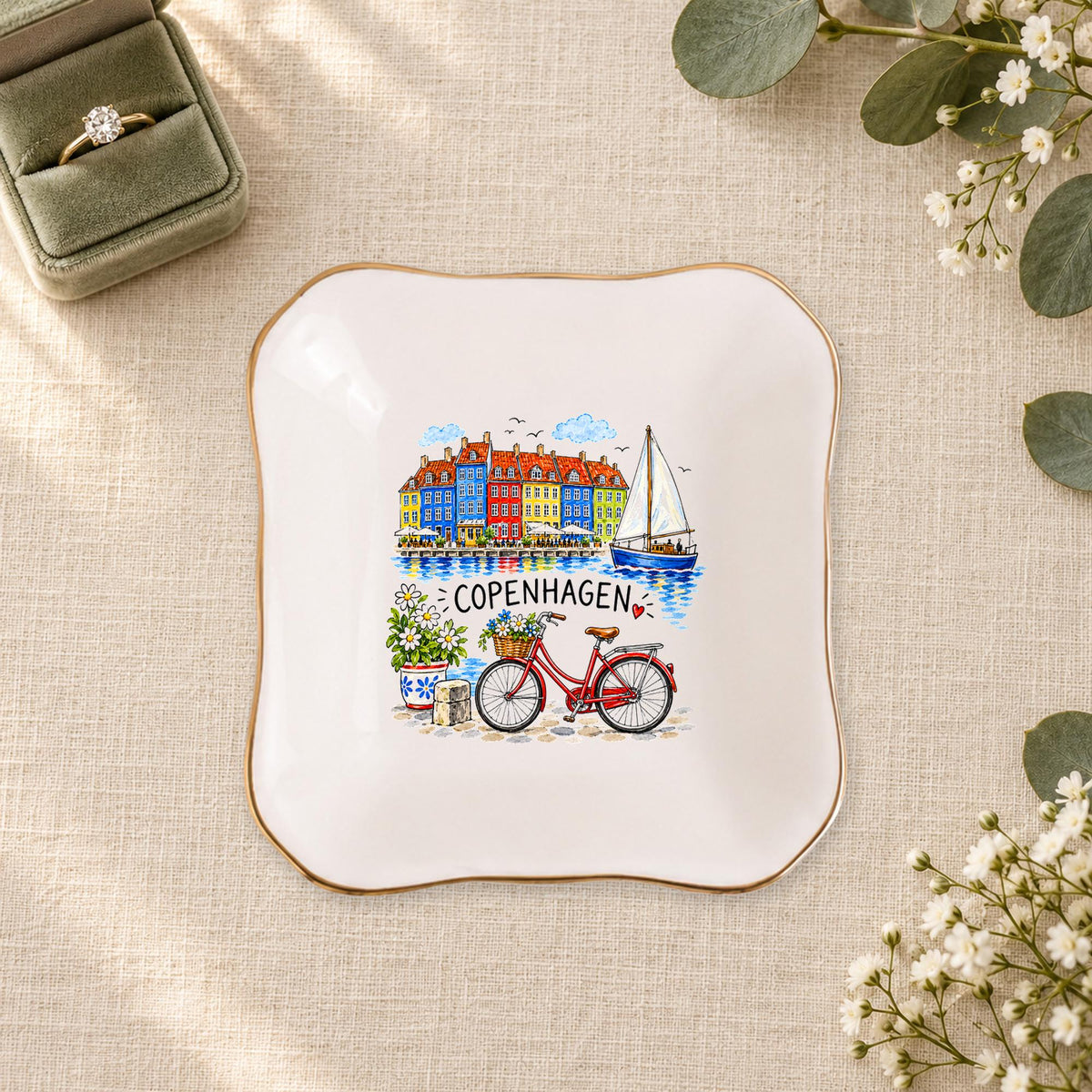 Copenhagen Ceramic Ring Dish, Gold Rim Trinket Tray, Jewelry Holder Gift, Five Shape Options