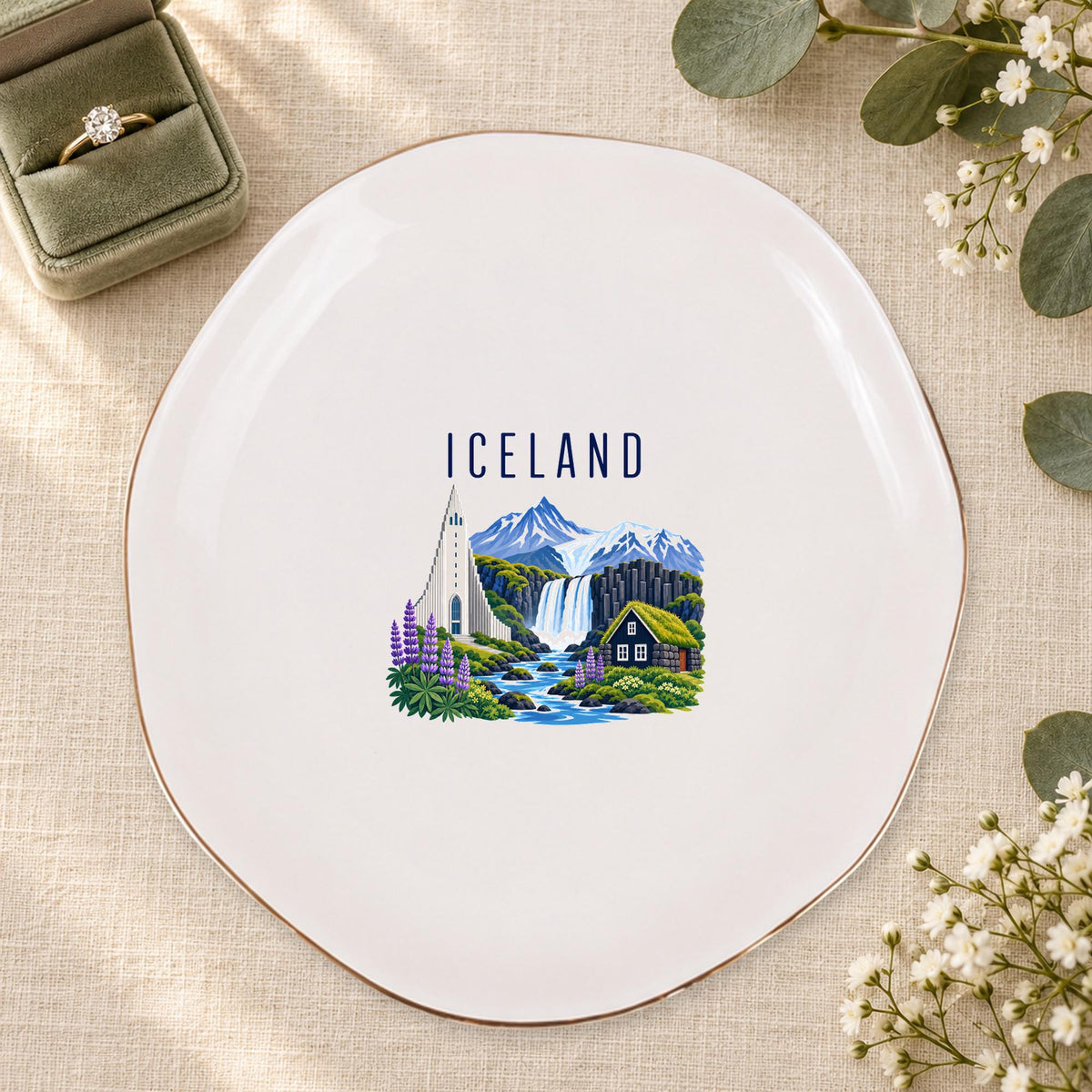 Iceland Ceramic Ring Dish, Gold Rim Trinket Tray, Jewelry Holder Gift, Five Shape Options