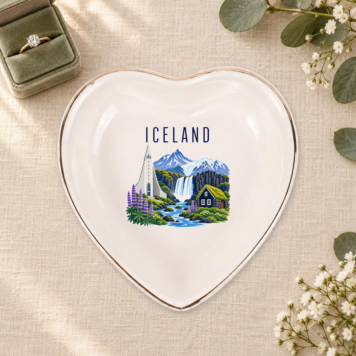 Iceland Ceramic Ring Dish, Gold Rim Trinket Tray, Jewelry Holder Gift, Five Shape Options