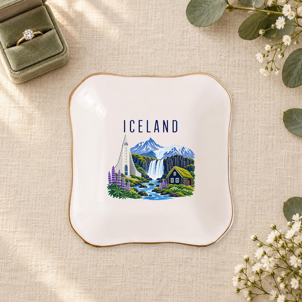 Iceland Ceramic Ring Dish, Gold Rim Trinket Tray, Jewelry Holder Gift, Five Shape Options