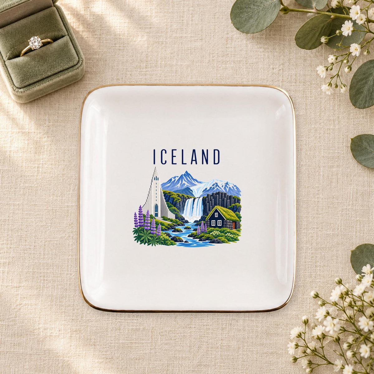 Iceland Ceramic Ring Dish, Gold Rim Trinket Tray, Jewelry Holder Gift, Five Shape Options