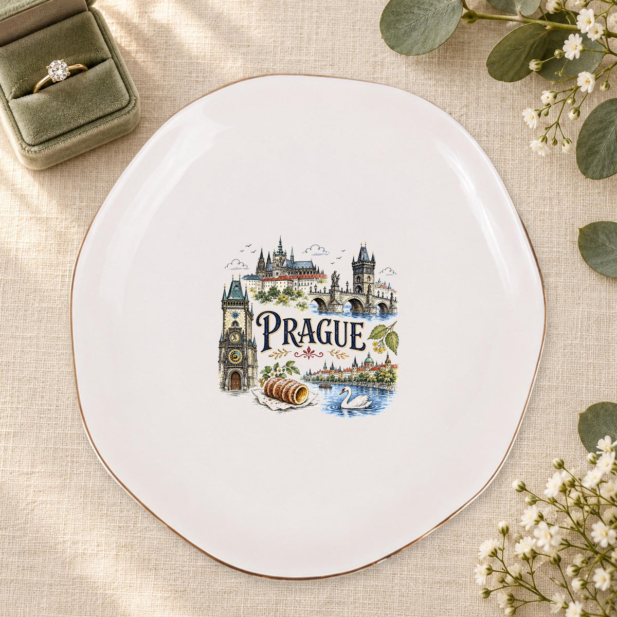 Prague Ceramic Ring Dish, Gold Rim Trinket Tray, Jewelry Holder Gift, Five Shape Options
