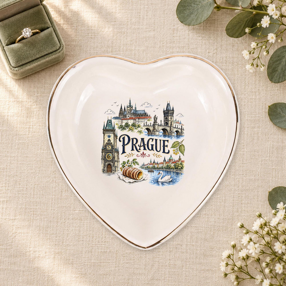 Prague Ceramic Ring Dish, Gold Rim Trinket Tray, Jewelry Holder Gift, Five Shape Options