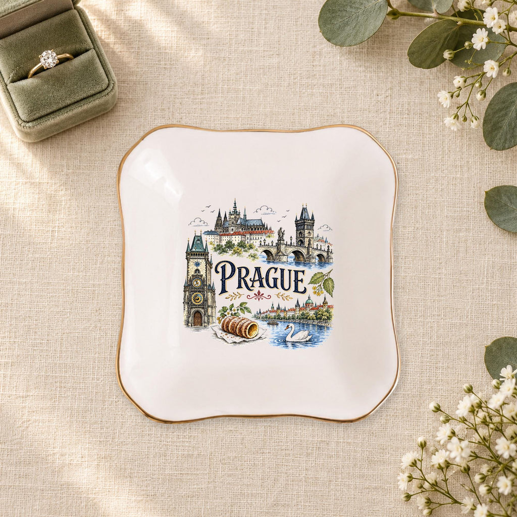 Prague Ceramic Ring Dish, Gold Rim Trinket Tray, Jewelry Holder Gift, Five Shape Options
