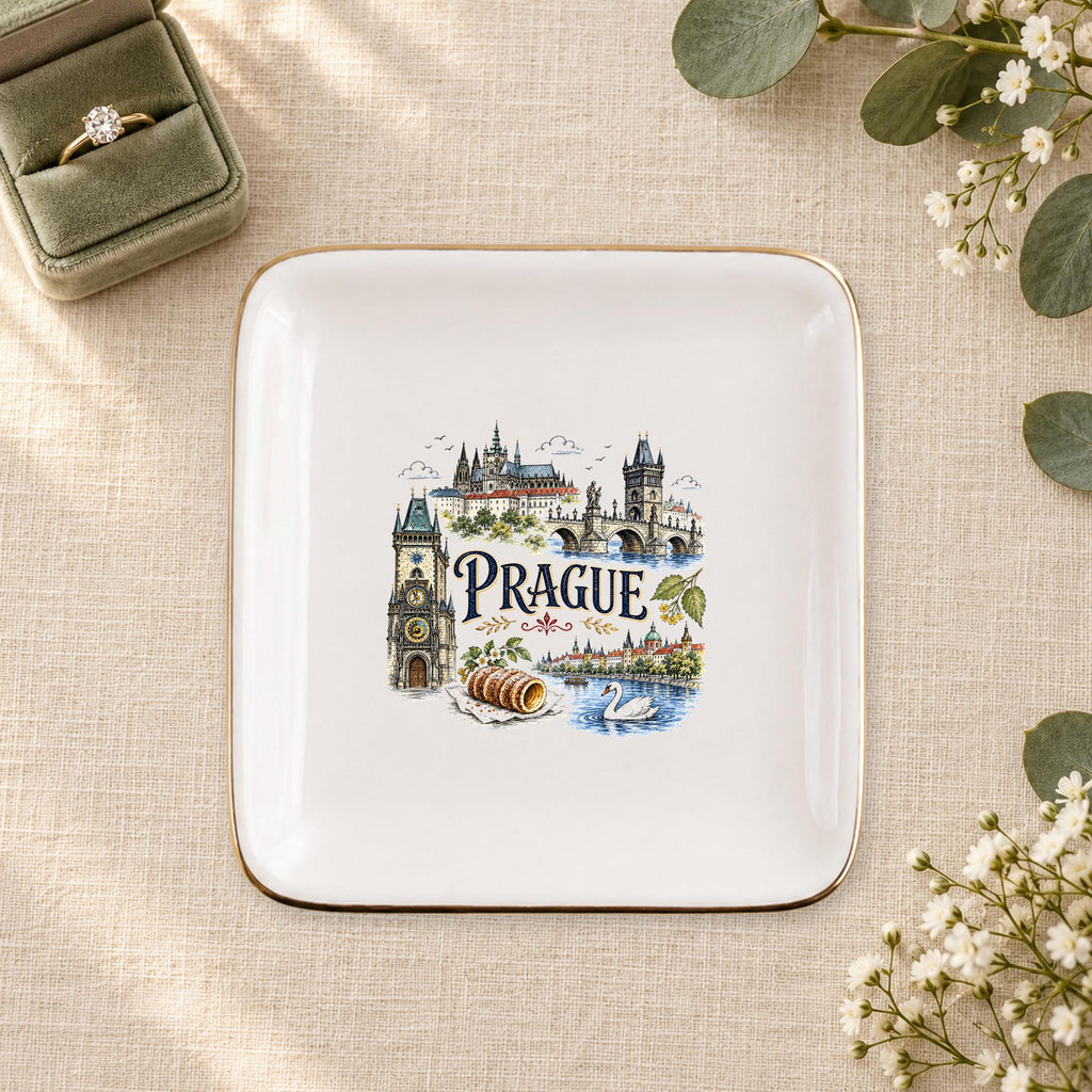Prague Ceramic Ring Dish, Gold Rim Trinket Tray, Jewelry Holder Gift, Five Shape Options