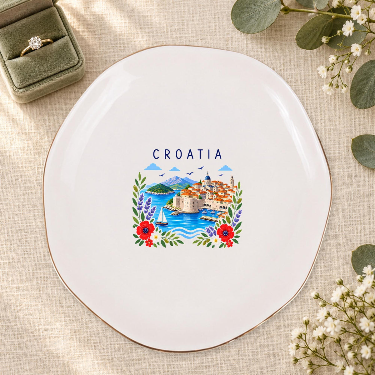 Croatia Ceramic Ring Dish, Gold Rim Trinket Tray, Jewelry Holder Gift, Five Shape Options