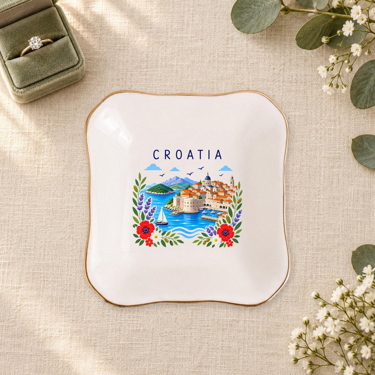 Croatia Ceramic Ring Dish, Gold Rim Trinket Tray, Jewelry Holder Gift, Five Shape Options