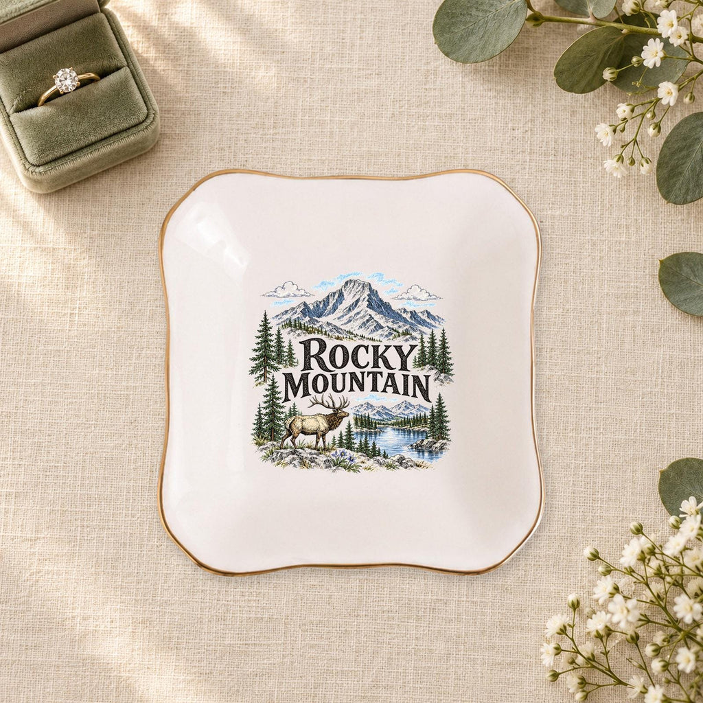 Rocky Mountain Ceramic Ring Dish, Gold Rim Trinket Tray, Jewelry Holder Gift, Five Shape Options