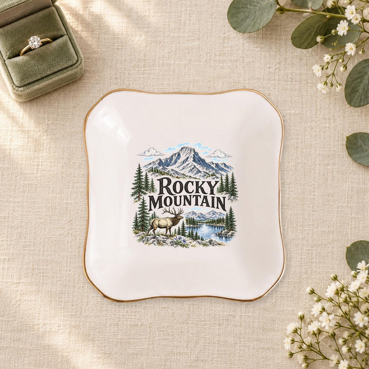 Rocky Mountain Ceramic Ring Dish, Gold Rim Trinket Tray, Jewelry Holder Gift, Five Shape Options