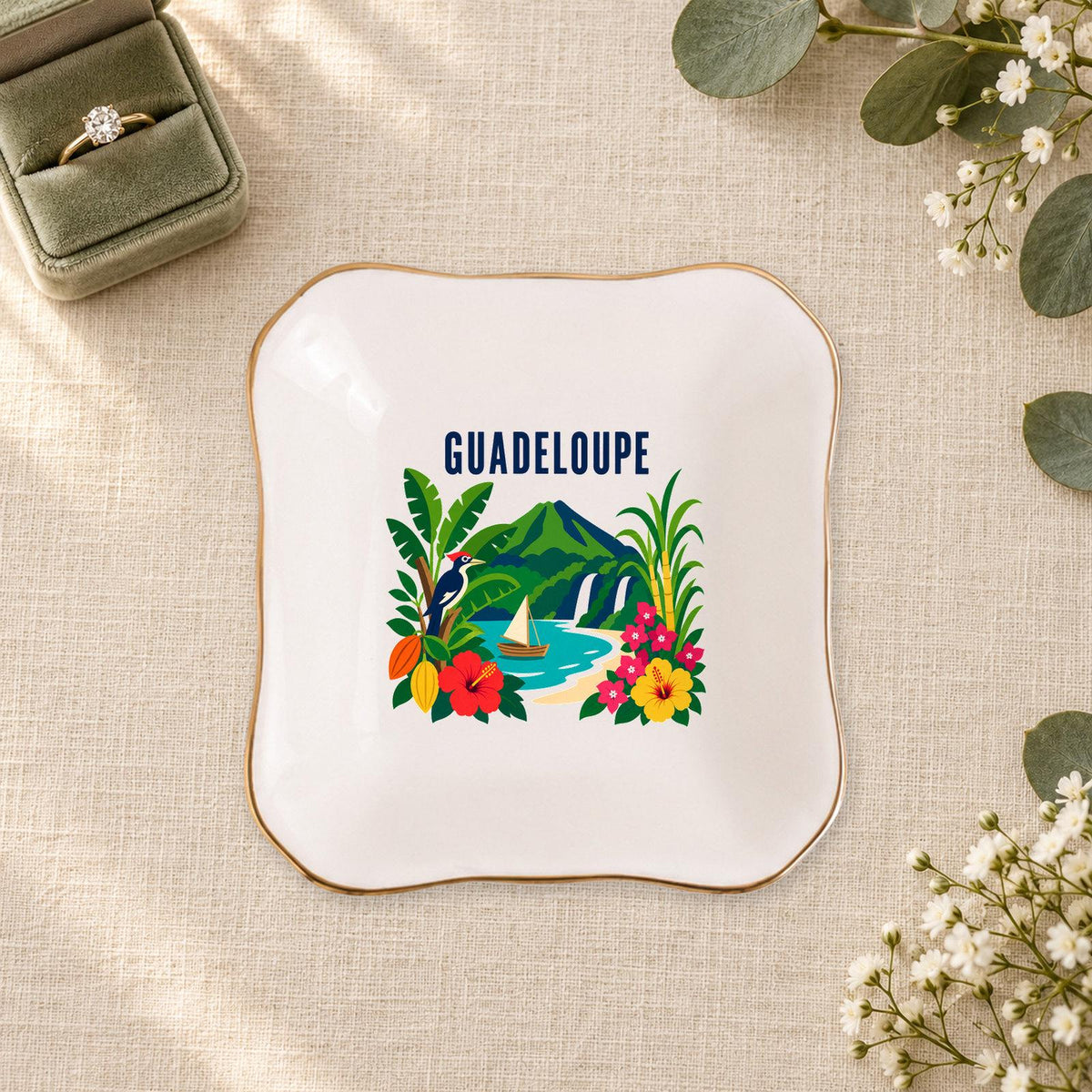 Guadeloupe Ceramic Ring Dish, Gold Rim Trinket Tray, Jewelry Holder Gift, Five Shape Options