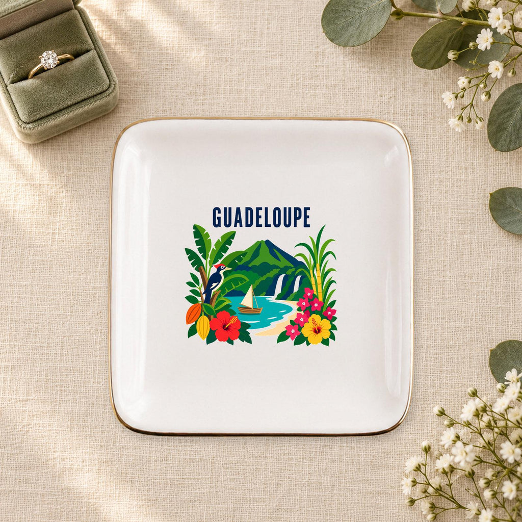 Guadeloupe Ceramic Ring Dish, Gold Rim Trinket Tray, Jewelry Holder Gift, Five Shape Options