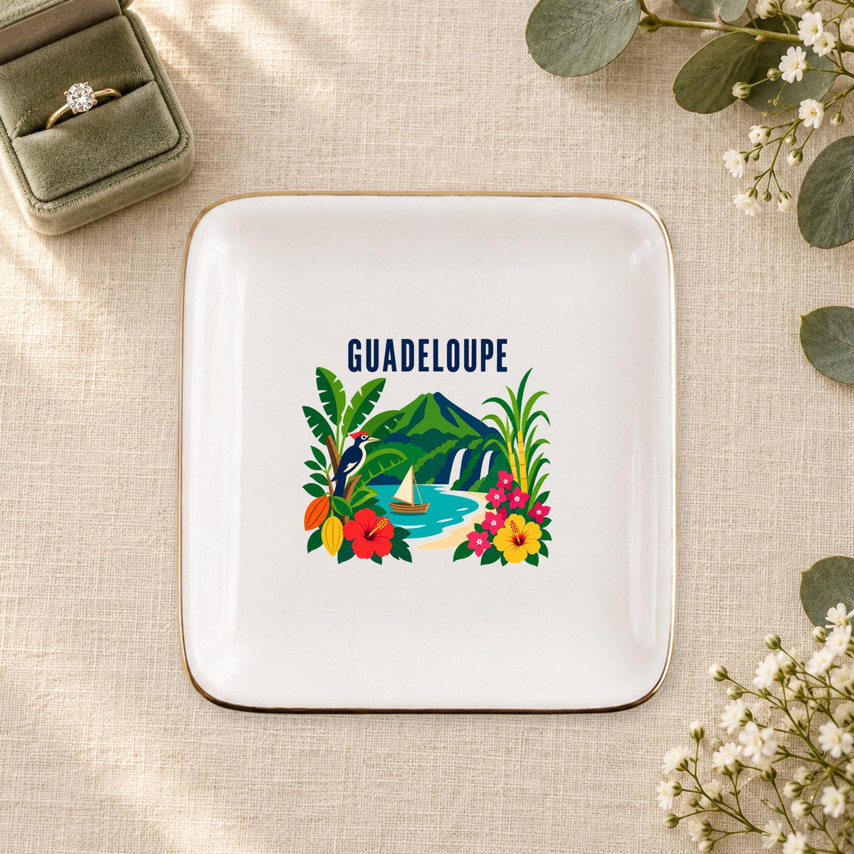 Guadeloupe Ceramic Ring Dish, Gold Rim Trinket Tray, Jewelry Holder Gift, Five Shape Options