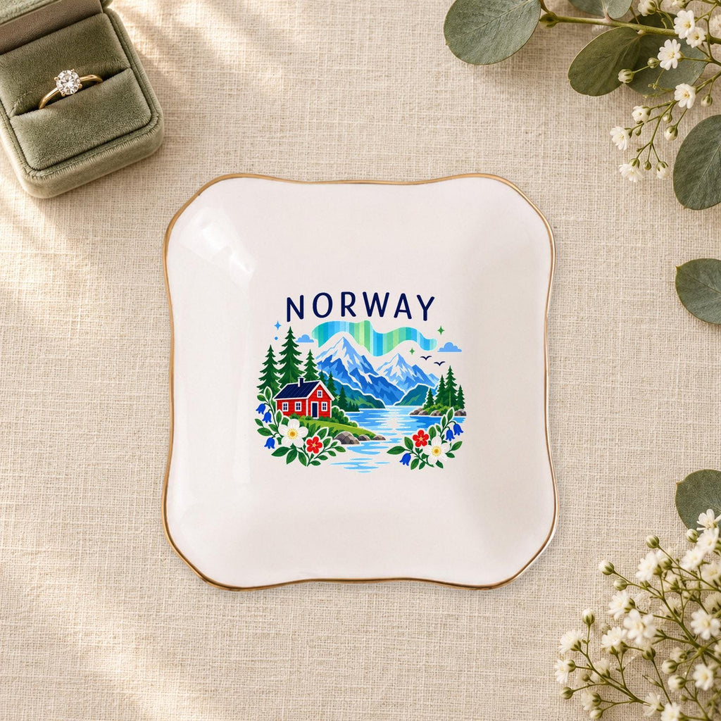 Norway Ceramic Ring Dish, Gold Rim Trinket Tray, Jewelry Holder Gift, Five Shape Options