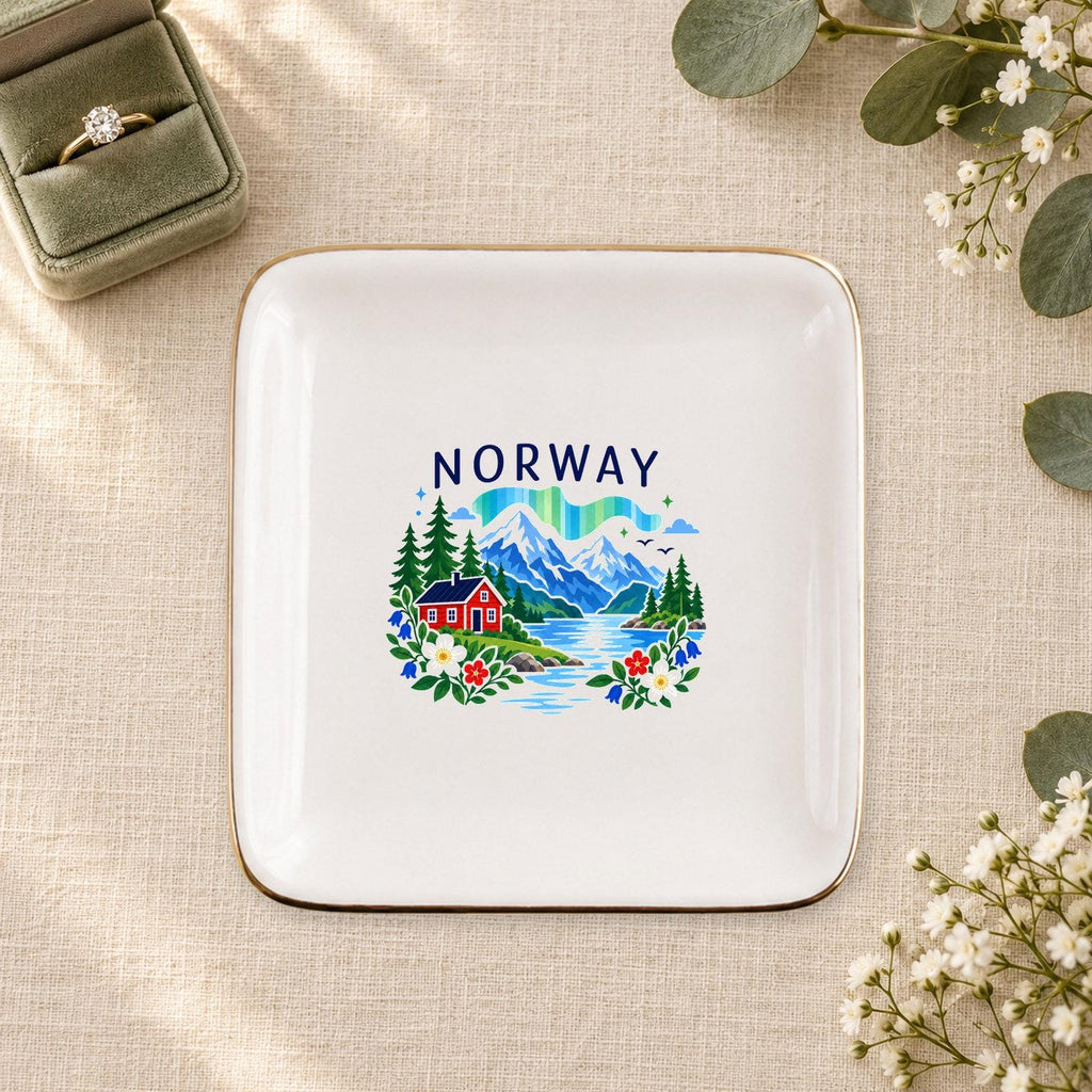Norway Ceramic Ring Dish, Gold Rim Trinket Tray, Jewelry Holder Gift, Five Shape Options