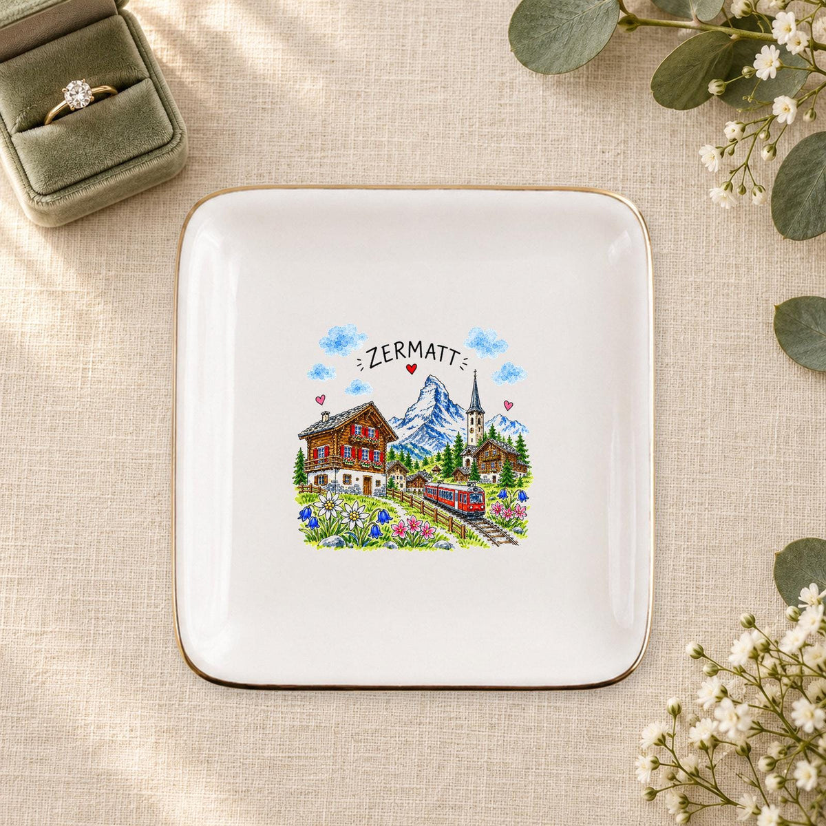 Zermatt Ceramic Ring Dish, Gold Rim Trinket Tray, Jewelry Holder Gift, Five Shape Options