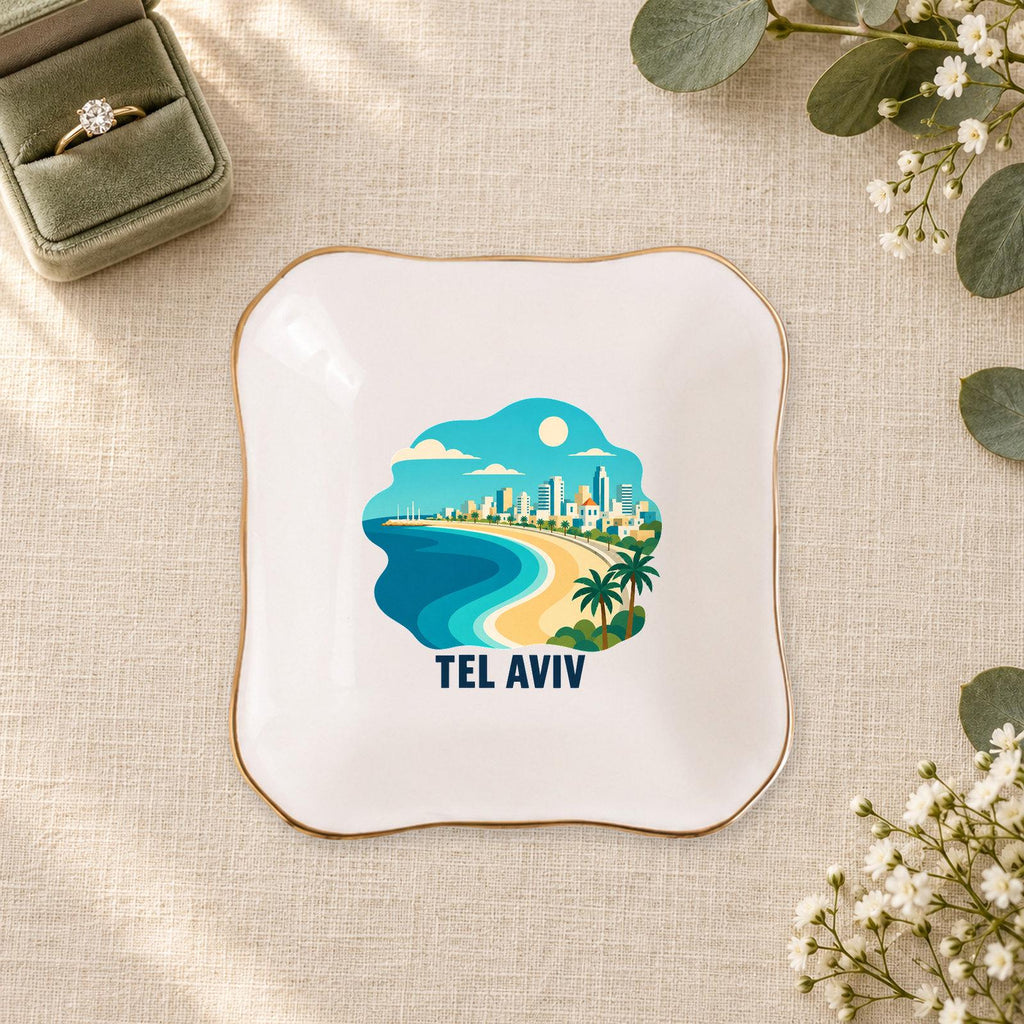 Tel Aviv Ceramic Ring Dish, Gold Rim Trinket Tray, Jewelry Holder Gift, Five Shape Options