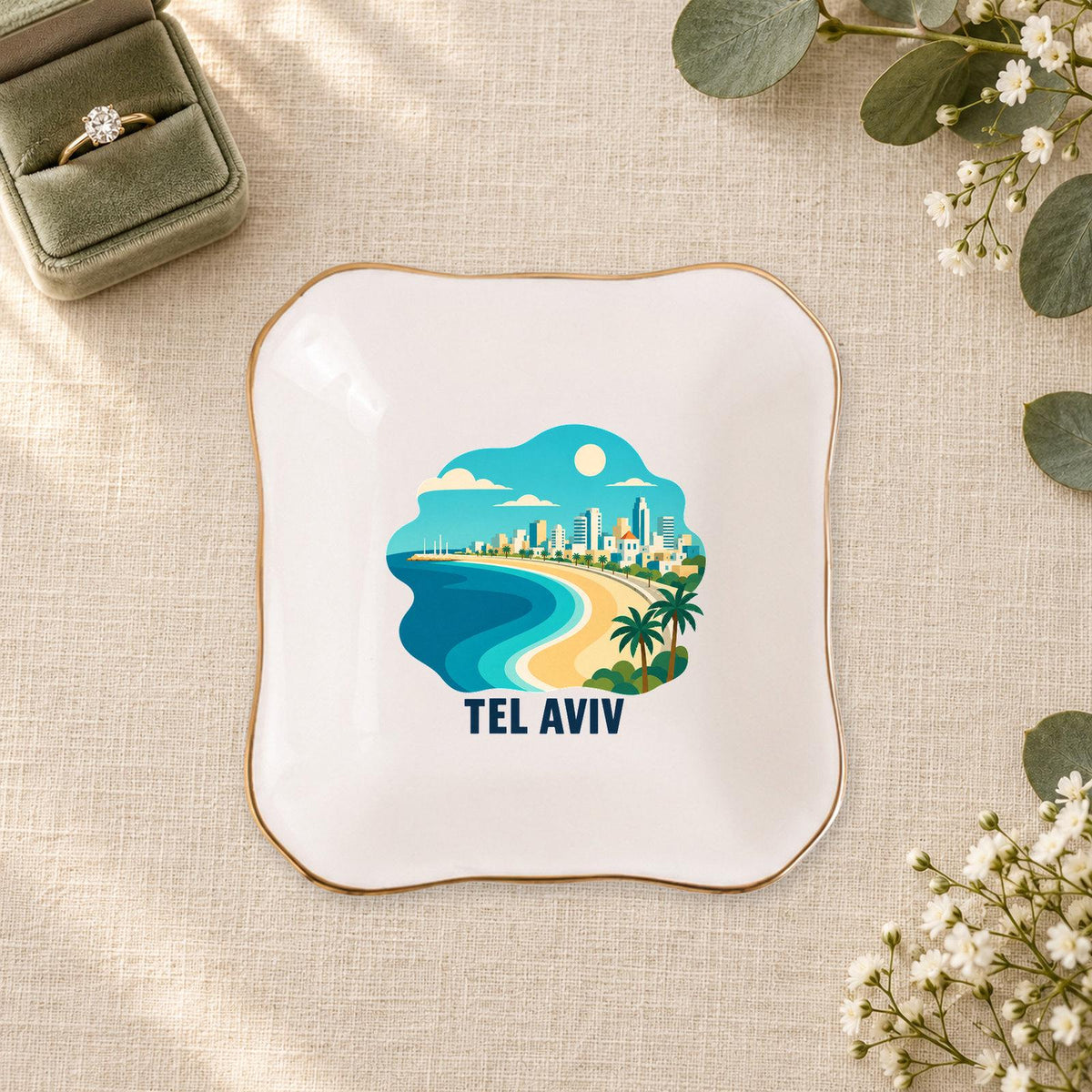 Tel Aviv Ceramic Ring Dish, Gold Rim Trinket Tray, Jewelry Holder Gift, Five Shape Options