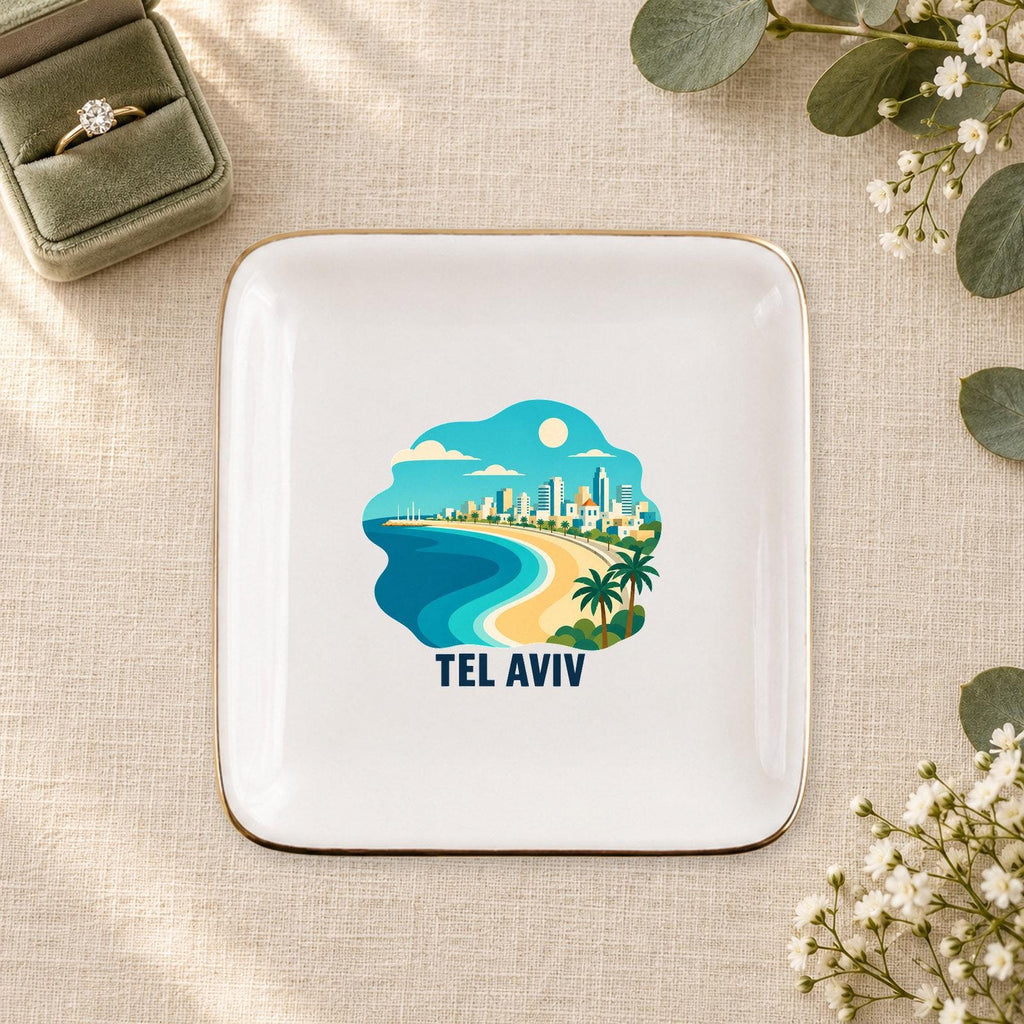 Tel Aviv Ceramic Ring Dish, Gold Rim Trinket Tray, Jewelry Holder Gift, Five Shape Options