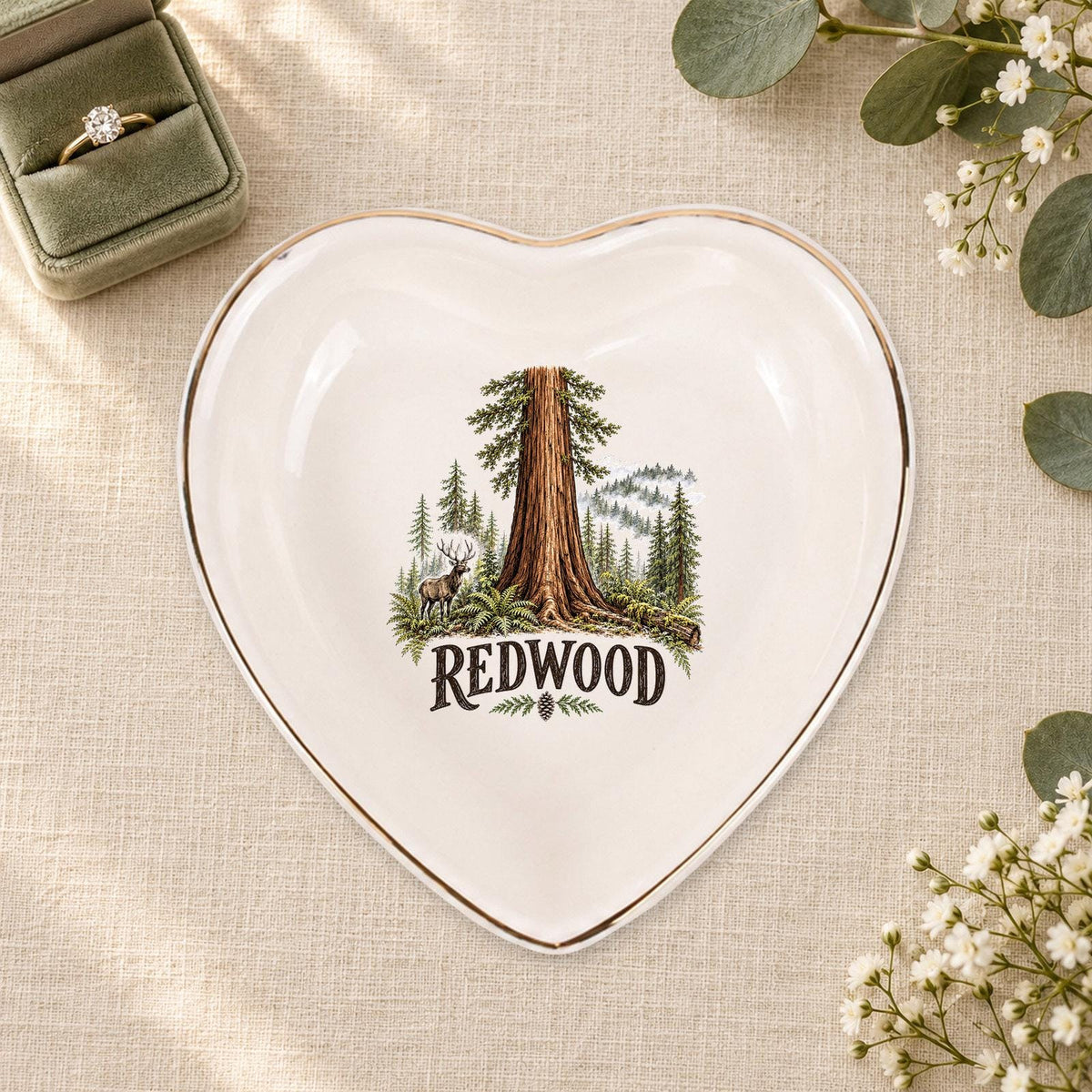 Redwood Ceramic Ring Dish, Gold Rim Trinket Tray, Jewelry Holder Gift, Five Shape Options