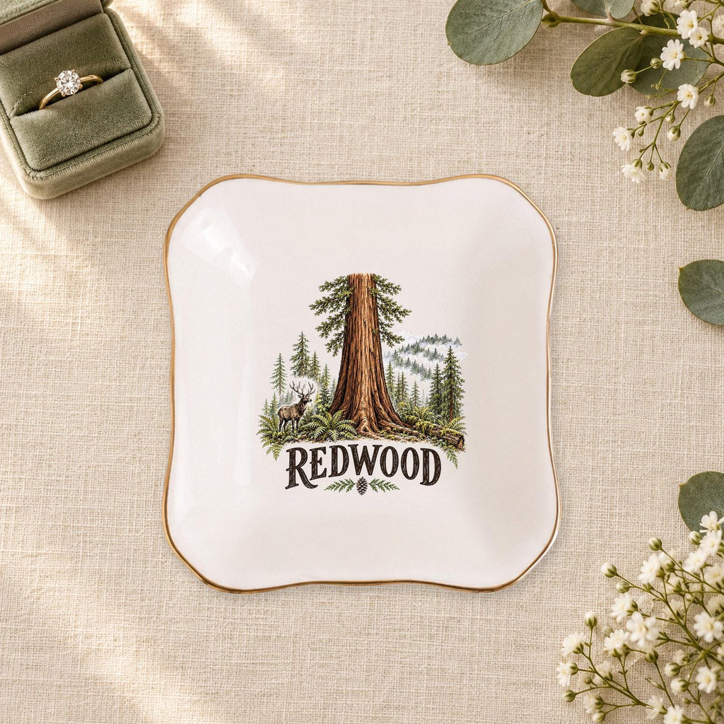 Redwood Ceramic Ring Dish, Gold Rim Trinket Tray, Jewelry Holder Gift, Five Shape Options