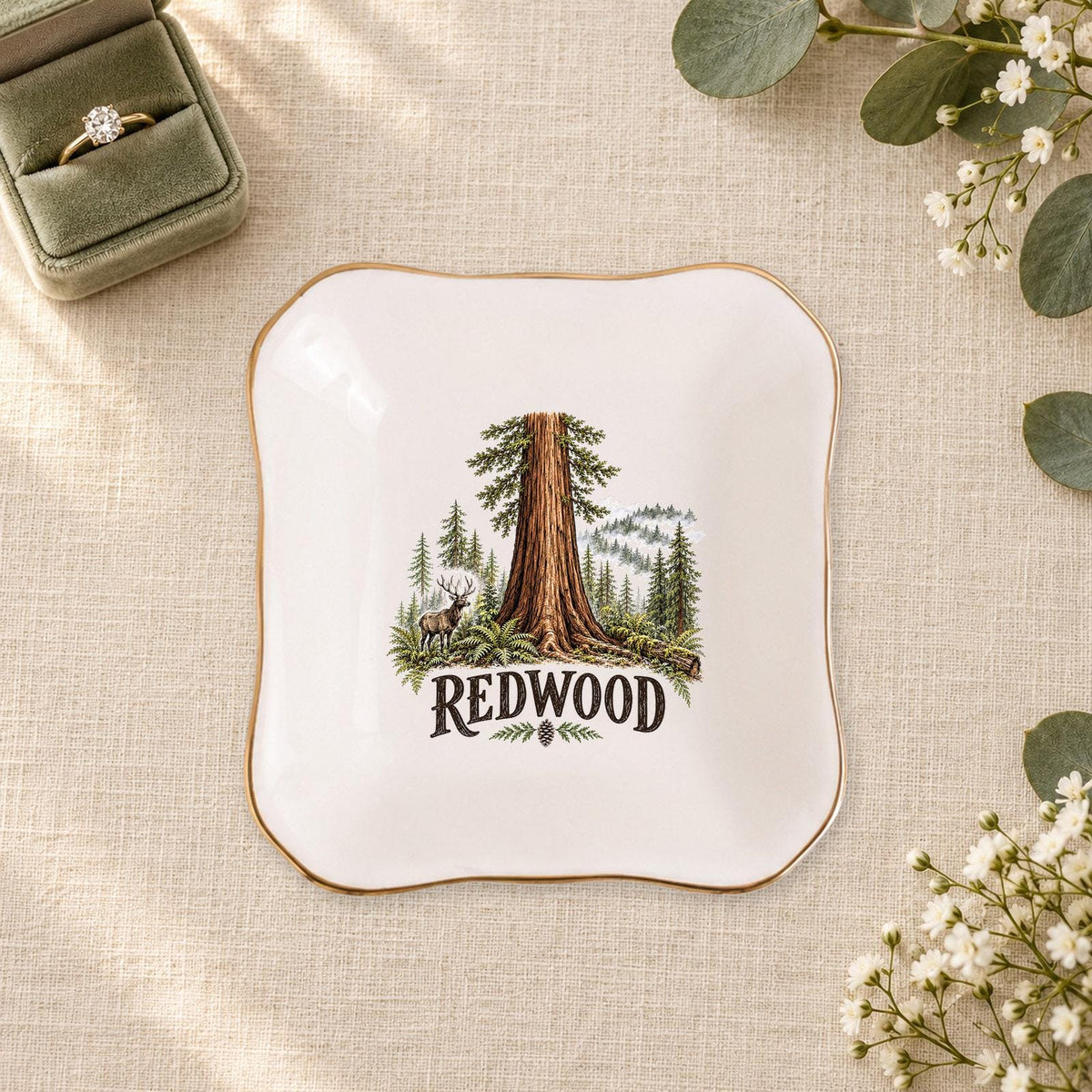 Redwood Ceramic Ring Dish, Gold Rim Trinket Tray, Jewelry Holder Gift, Five Shape Options