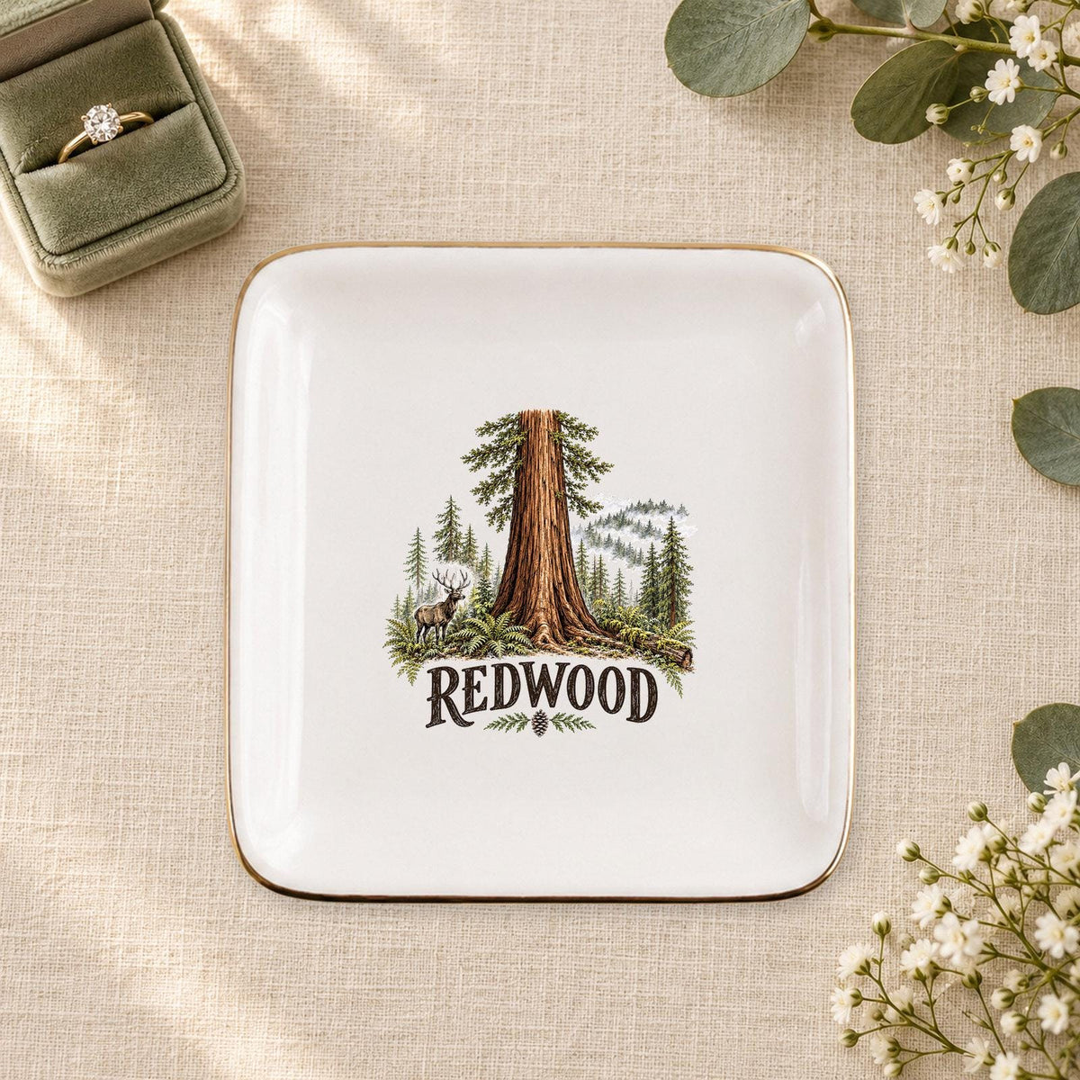 Redwood Ceramic Ring Dish, Gold Rim Trinket Tray, Jewelry Holder Gift, Five Shape Options