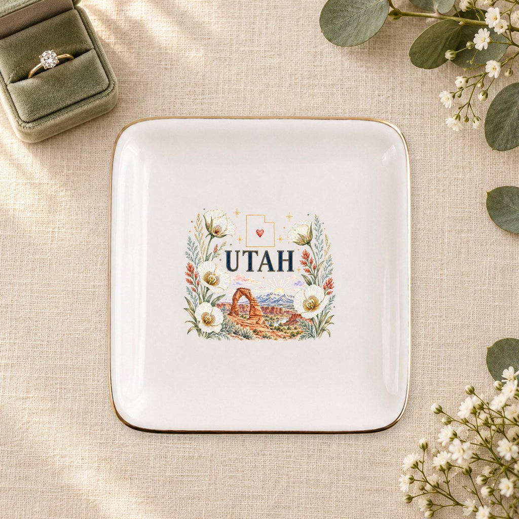 Utah Ceramic Ring Dish, Gold Rim Trinket Tray, Jewelry Holder Gift, Five Shape Options